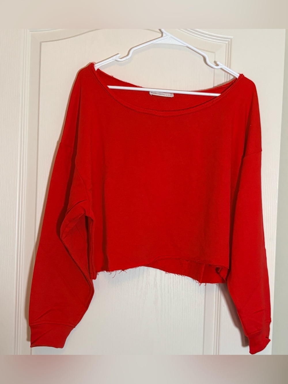 Zenana Cropped Raw Edge Boat Neck Sweatshirt Top Size Large